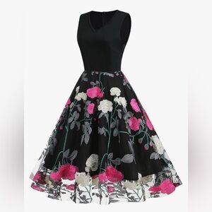 50s Vintage Style Sleeveless Floral Embroidered Cocktail Dress w/Petticoat, Sz L